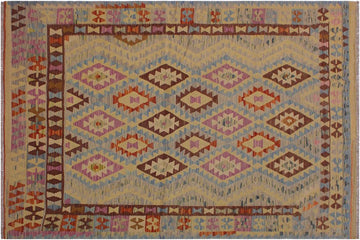 Flat Weave Kilim, Antique, Navaho, Vintage, Handmade, Geometric Kilim Gray Brown Hand-Woven Rectangle 100% Wool Area Rug 5 x 7